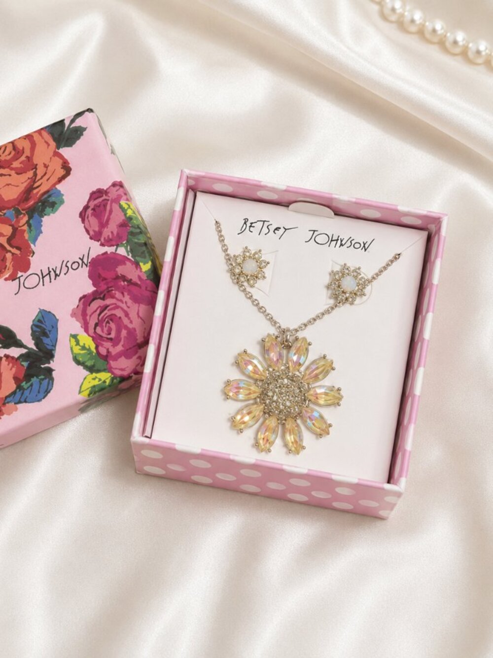 Betsey Johnson Pastel Crystal Flower Necklace Earrings Gift Set NWT
